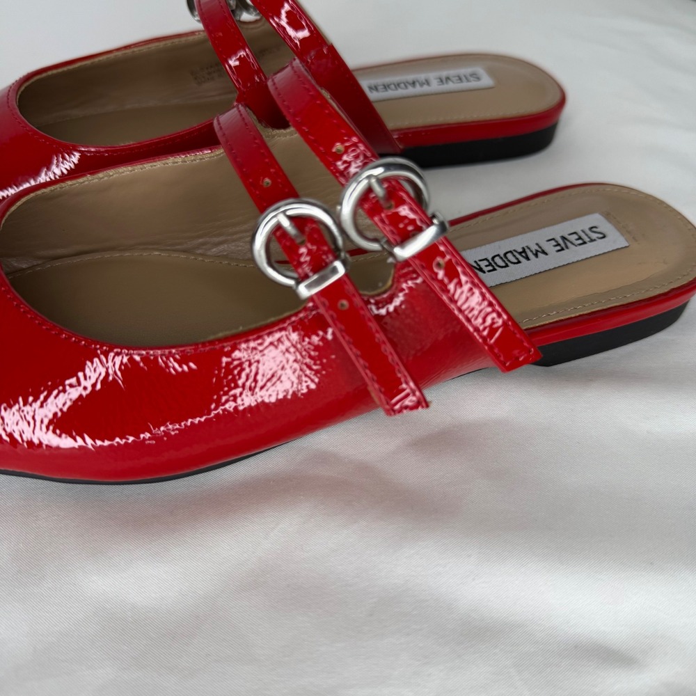 Steve Madden Elizaa Red Patent Mary Jane Pointed Toe Mules Flat Shoes 7.5M - Picture 6 of 8